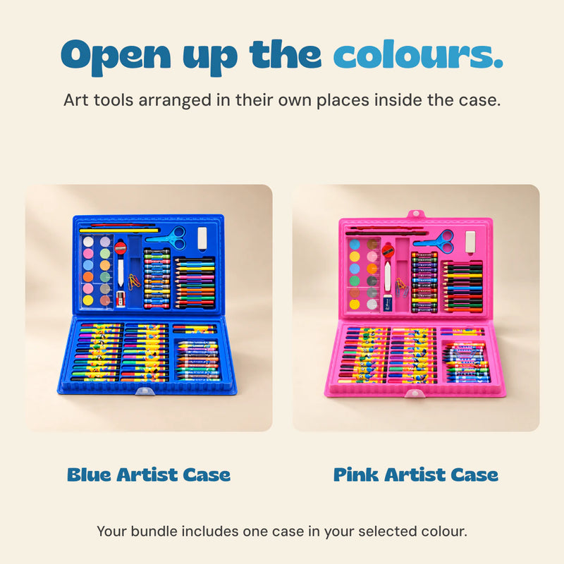 Blue and pink open art cases display their paints, pencils, markers and small tools. One selected case comes with the bundle.
