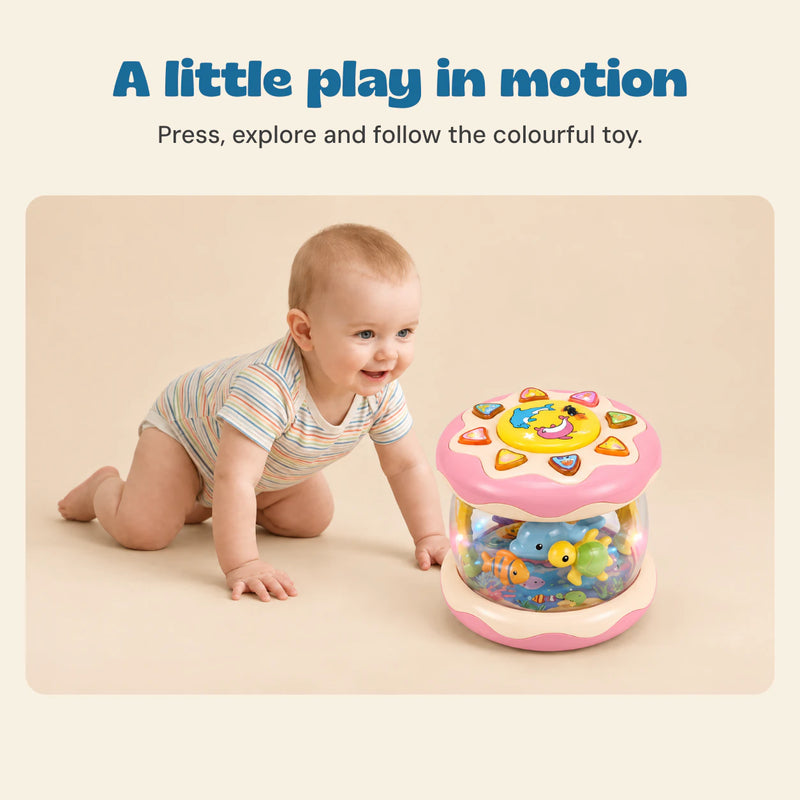 A little play in motion. Press, explore and follow the colourful toy.