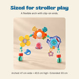 Sized for stroller play. A flexible arch with clip-on ends.
