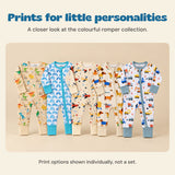 Prints for little personalities. A closer look at the colourful romper collection.
