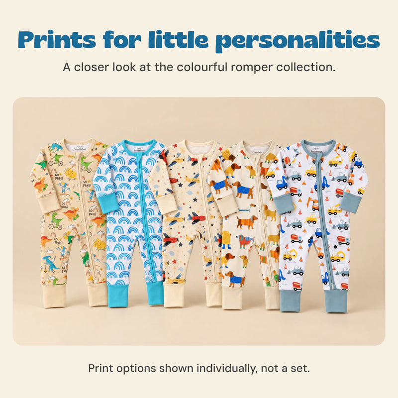 Prints for little personalities. A closer look at the colourful romper collection.