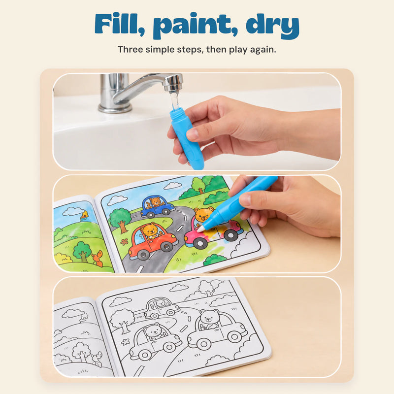 Reusable Water Painting Book. Fill, paint, dry. Three simple steps, then play again.