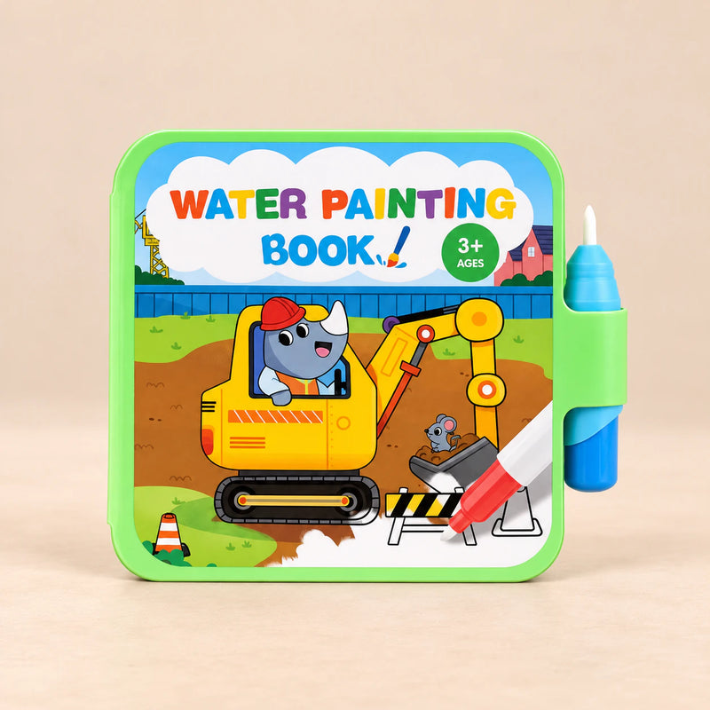 Reusable Water Painting Book. Trafic Water Painting Fun. Clean product photograph on a warm beige studio surface.