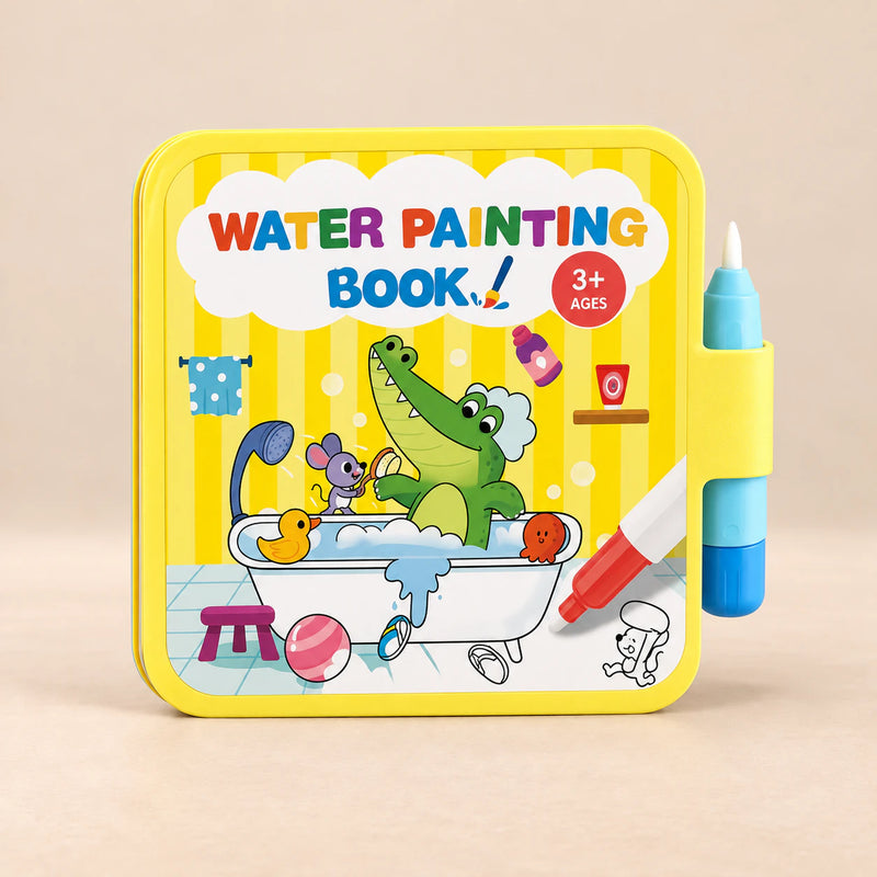 Reusable Water Painting Book. Daily Life Water Painting Fun. Clean product photograph on a warm beige studio surface.