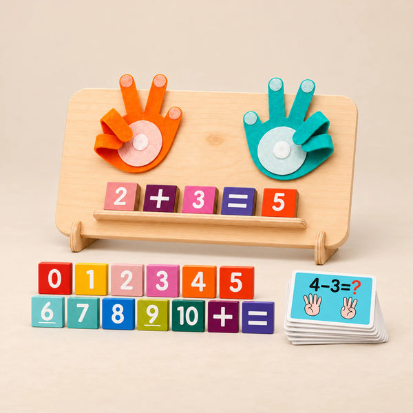 Wooden Finger Math Counting Board. Finger Math Board Set. Clean product photograph on a warm beige studio surface.