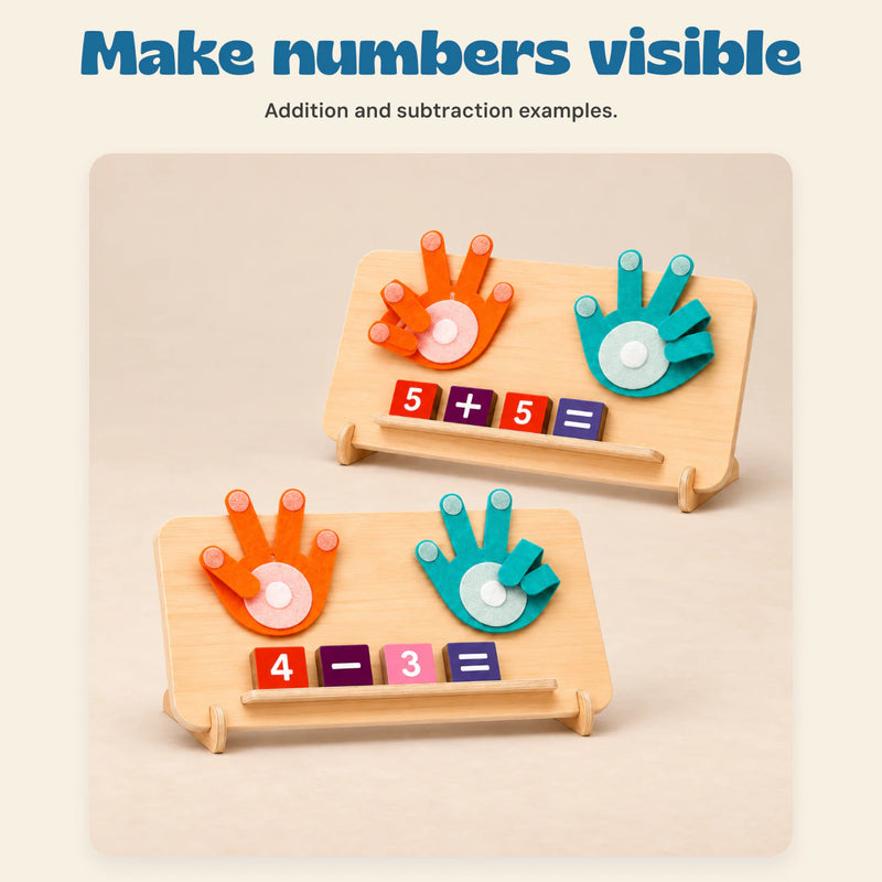 Wooden Finger Math Counting Board. Make numbers visible. Addition and subtraction examples.