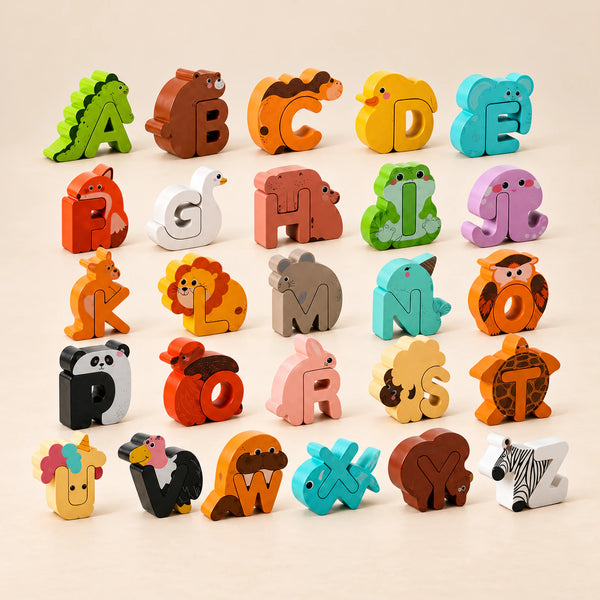 Animal Alphabet Puzzle Set. Clean product photograph on a warm beige studio surface.