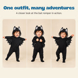 One outfit, many adventures. A closer look at the bat romper in action.