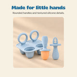 Made for little hands. Rounded handles and textured silicone details.