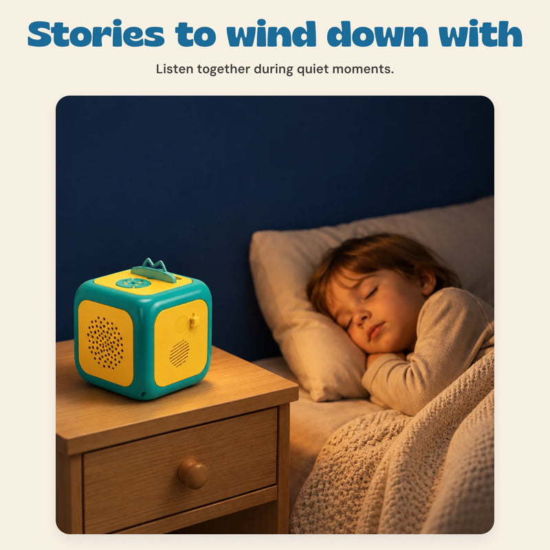 StoryCube Bedtime Projector. Stories to wind down with. Listen together during quiet moments.