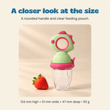 A closer look at the size. A rounded handle and clear feeding pouch.