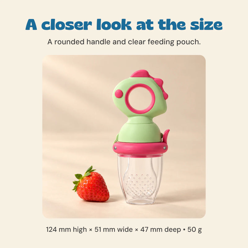 A closer look at the size. A rounded handle and clear feeding pouch.