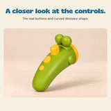 A closer look at the controls. The real buttons and curved dinosaur shape.