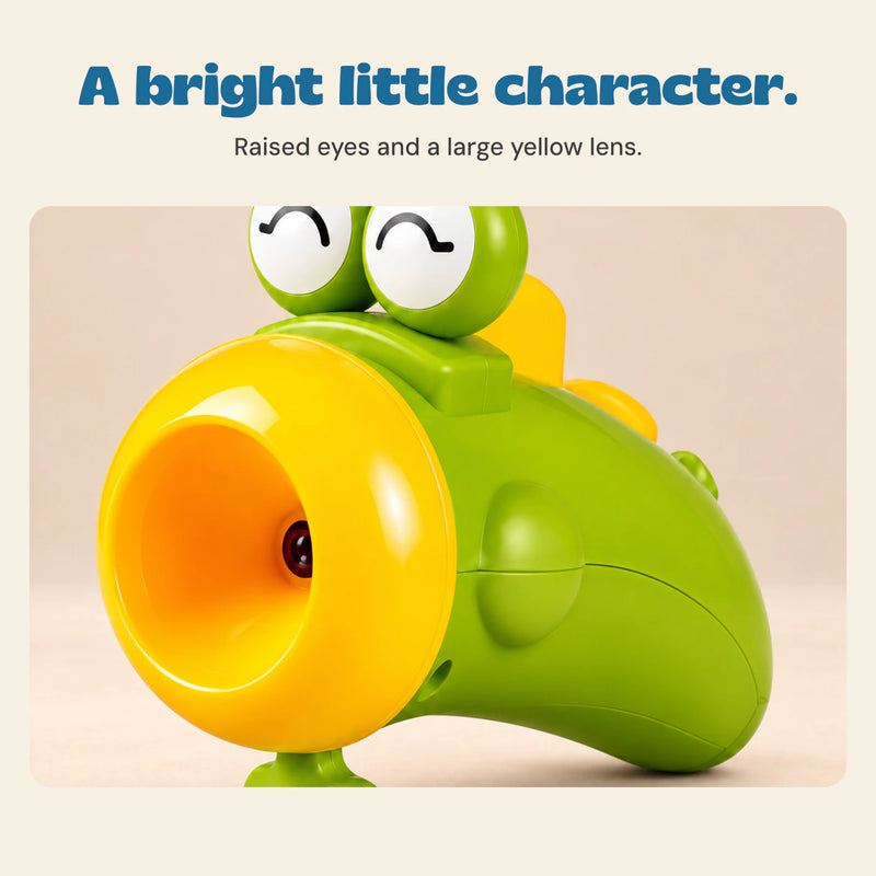A bright little character. Raised eyes and a large yellow lens.