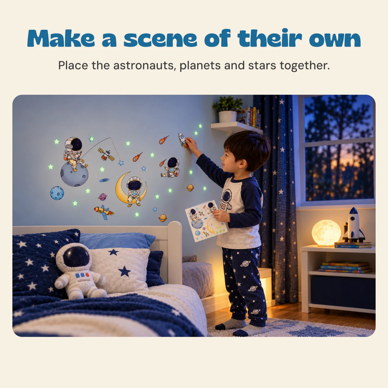 Make a scene of their own. Place the astronauts, planets and stars together.