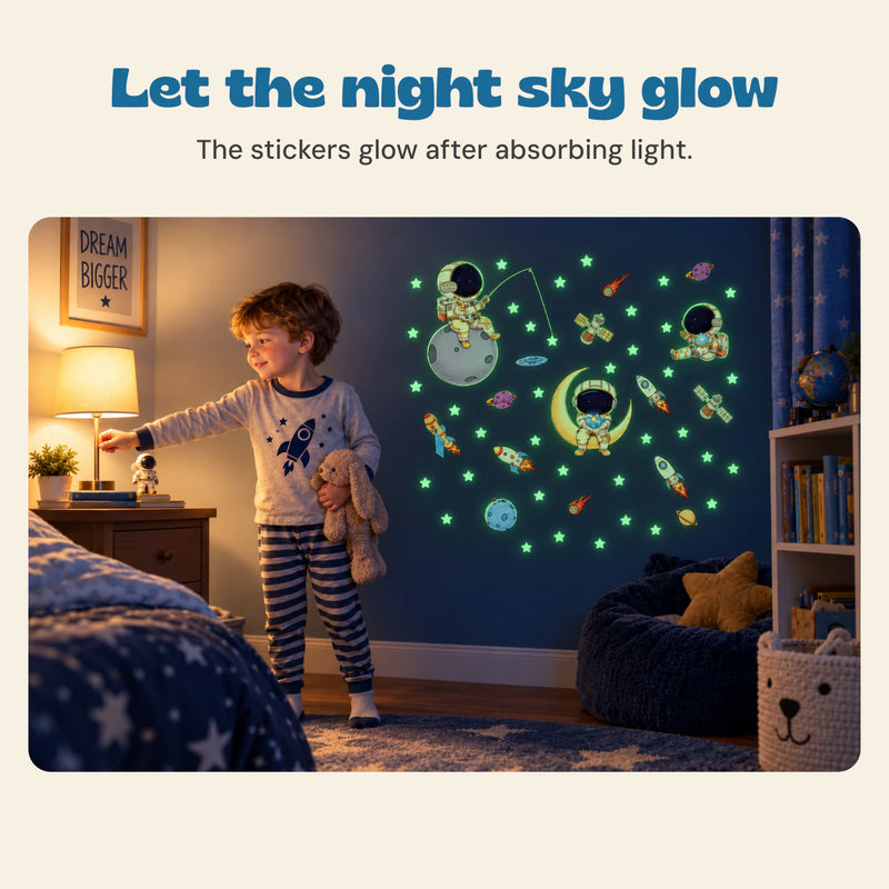 Let the night sky glow. The stickers glow after absorbing light.