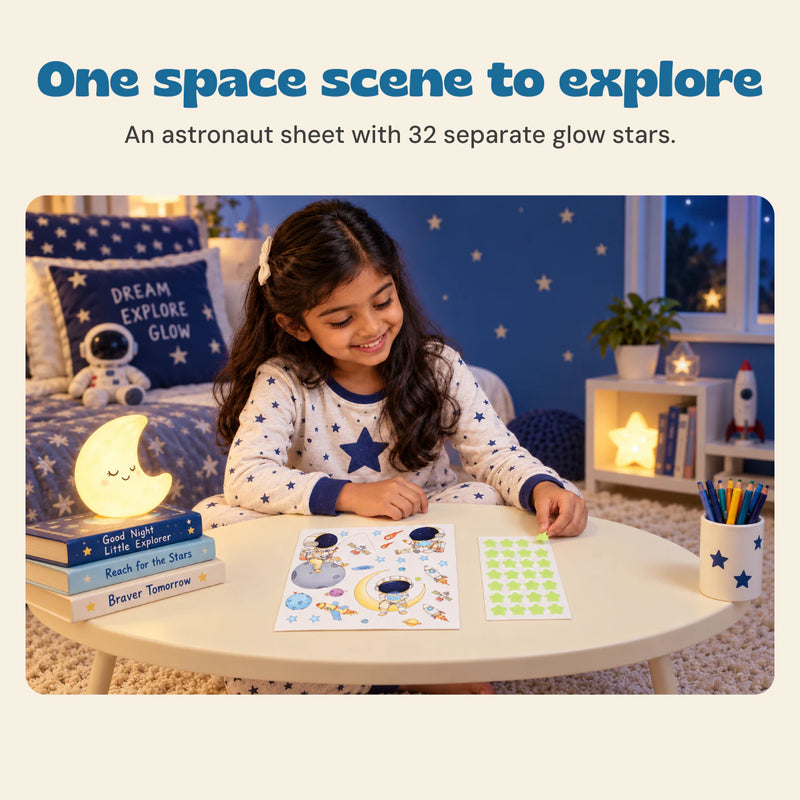 One space scene to explore. An astronaut sheet with 32 separate glow stars.