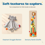 Grey elephant snuggle blanket with fabric tags and colourful long-legged giraffe rattle.