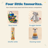 Four included pieces shown separately: Dinosaur Blue busy board, elephant blanket, giraffe rattle and koala stacking tower.
