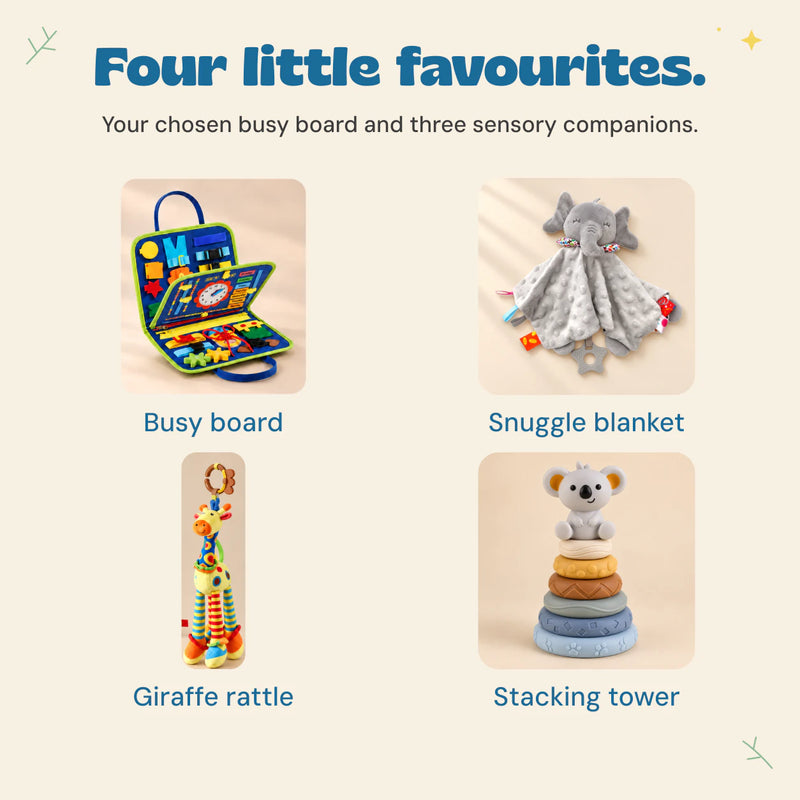 Four included pieces shown separately: Dinosaur Blue busy board, elephant blanket, giraffe rattle and koala stacking tower.
