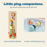 Colourful long-legged giraffe rattle and three plastic wind-up turtles shown separately.