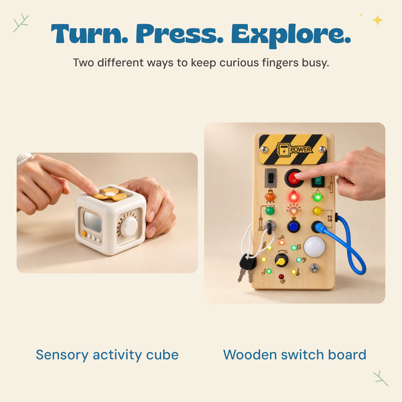 Hands explore the white sensory cube and wooden switch board, with the board lights illuminated.