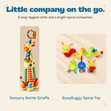 Yellow giraffe rattle and yellow spiral BusyBuggy with its frog, ring and ladybird hangers.