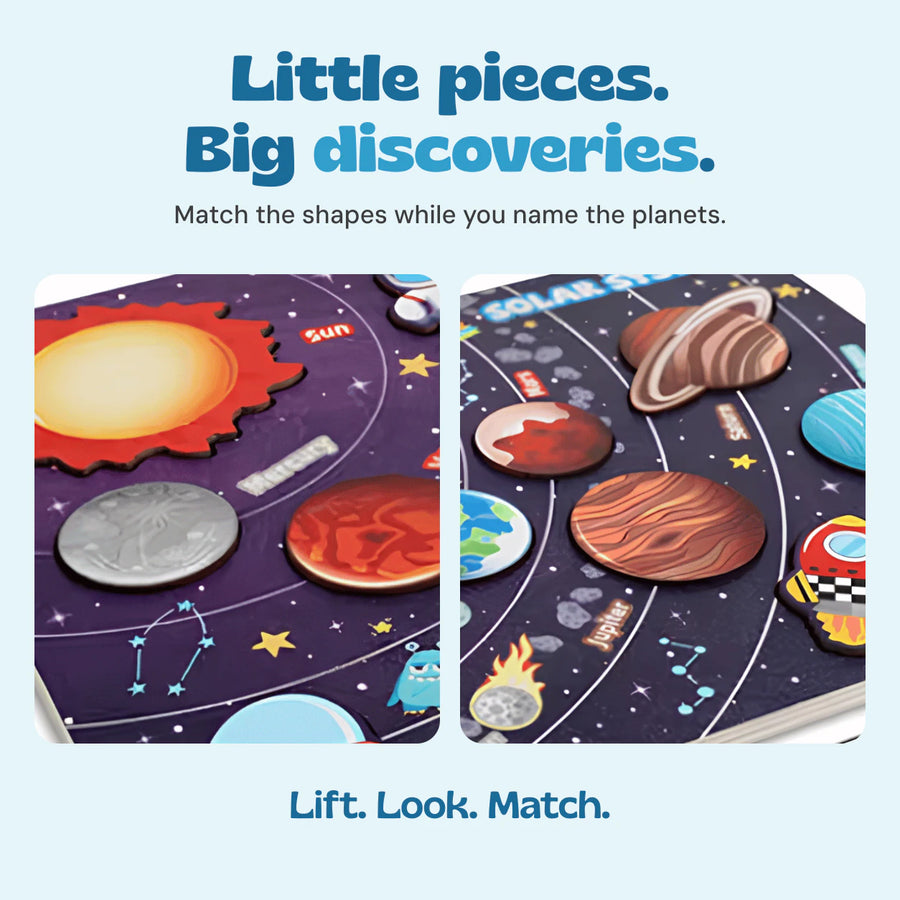 Close-up views of the Galaxy Match board showing the real planet pieces and printed matching artwork.