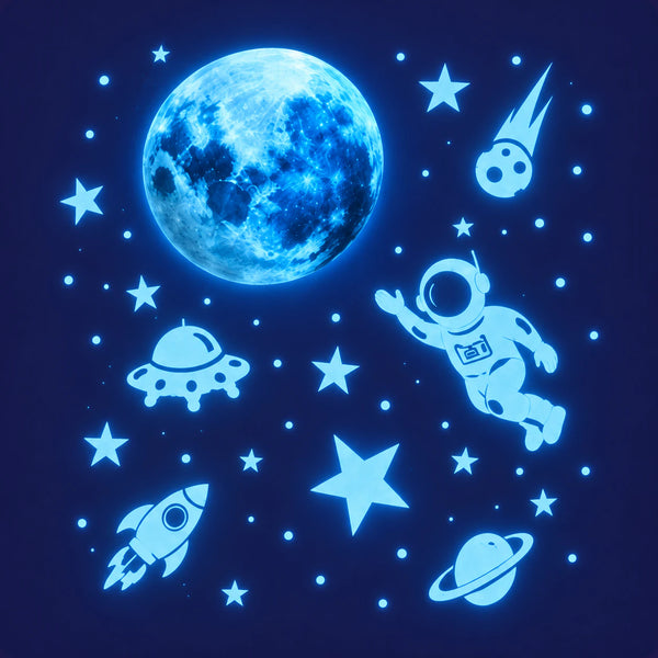 The actual blue moon, astronaut, rocket, comet, UFO, ringed planet and stars glowing on a navy wall.