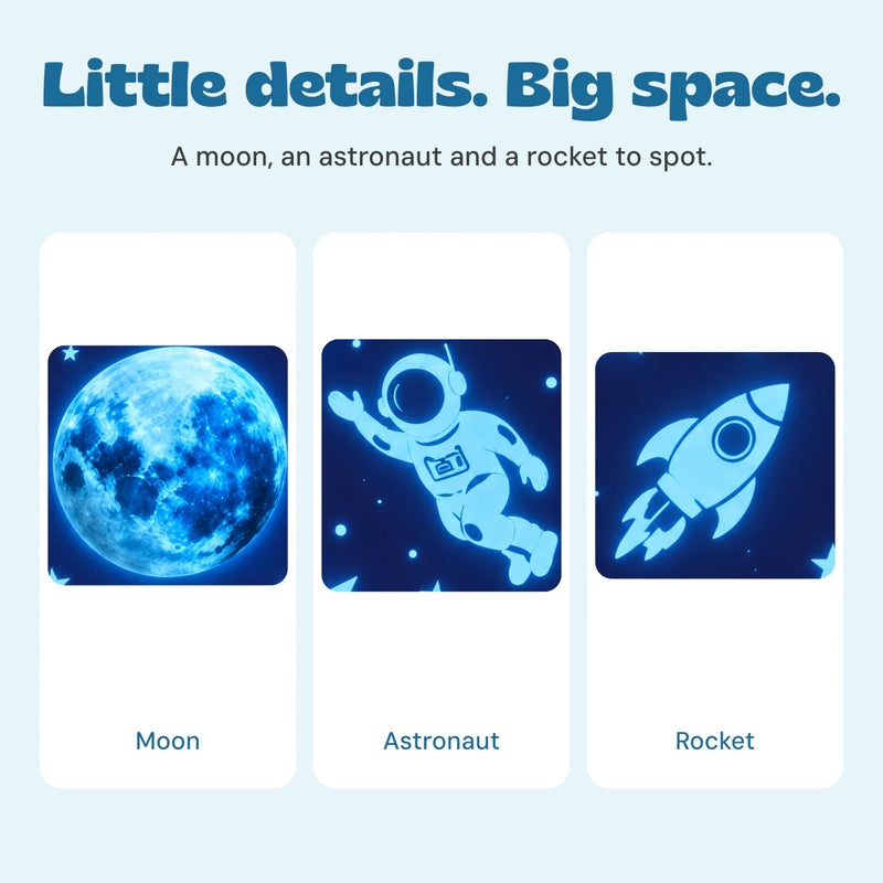 Close views of the original moon, astronaut and rocket sticker designs.