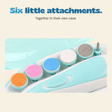 Close view of the six different attachments held in the blue storage case.
