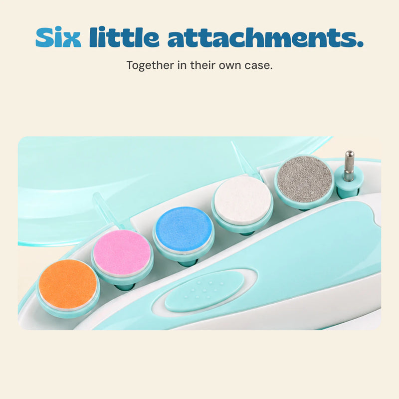 Close view of the six different attachments held in the blue storage case.
