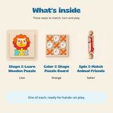 Contents of the Mini Match and Play Gift Bundle: one Lion wooden puzzle, one Orange Color and Shape board and one Safari Spin and Match toy.