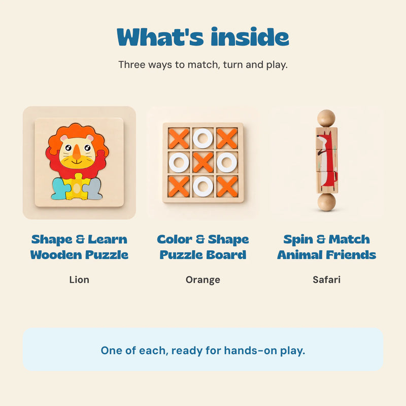 Contents of the Mini Match and Play Gift Bundle: one Lion wooden puzzle, one Orange Color and Shape board and one Safari Spin and Match toy.