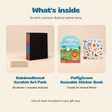 Scratch and Sticker Gift Duo contents: RainbowReveal 50-sheet scratch art pack with wooden styluses and PuffyScene Create An Animal World reusable sticker book.