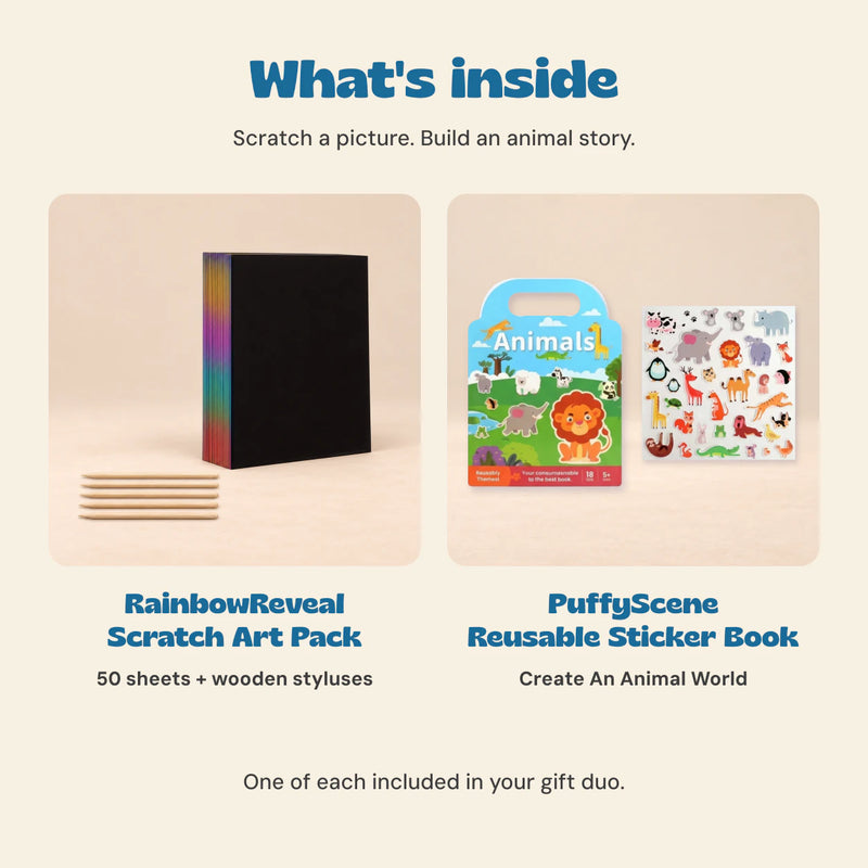 Scratch and Sticker Gift Duo contents: RainbowReveal 50-sheet scratch art pack with wooden styluses and PuffyScene Create An Animal World reusable sticker book.
