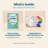 Draw and Colour Gift Duo contents: one Step-by-Step Drawing Workbook, Frog Drawing Adventure, and one RainbowBrush 12-colour dual-tip marker set in a clear pouch.