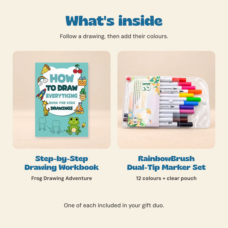 Draw and Colour Gift Duo contents: one Step-by-Step Drawing Workbook, Frog Drawing Adventure, and one RainbowBrush 12-colour dual-tip marker set in a clear pouch.