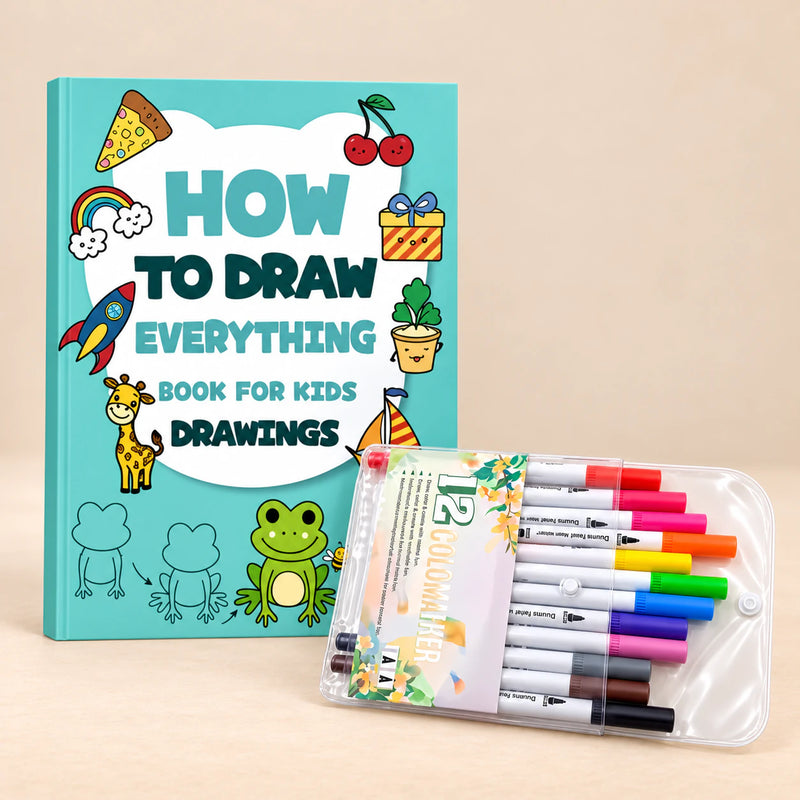 Draw and Colour Gift Duo with the Frog Drawing Adventure workbook and twelve RainbowBrush dual-tip markers in their clear pouch on a beige studio surface.