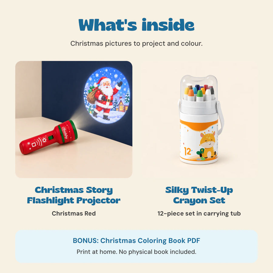 Christmas Eve Story and Colour Gift contents: Christmas Red flashlight projector, twelve-piece twist-up crayons, plus a Christmas Coloring Book PDF bonus to print at home. No physical book included.