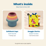 Baby Stack & Story Gift contents: seven Earth Tone nesting cups and one Garden Fun sensory book.