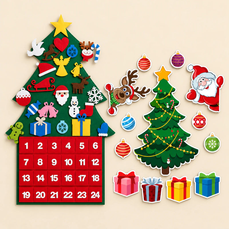 Felt Christmas countdown tree with 24 pockets beside the separate Fridge Christmas Scene magnet set on warm beige.