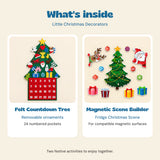Little Christmas Decorators contents: one felt countdown tree with removable ornaments and one Fridge Christmas Scene magnet set.
