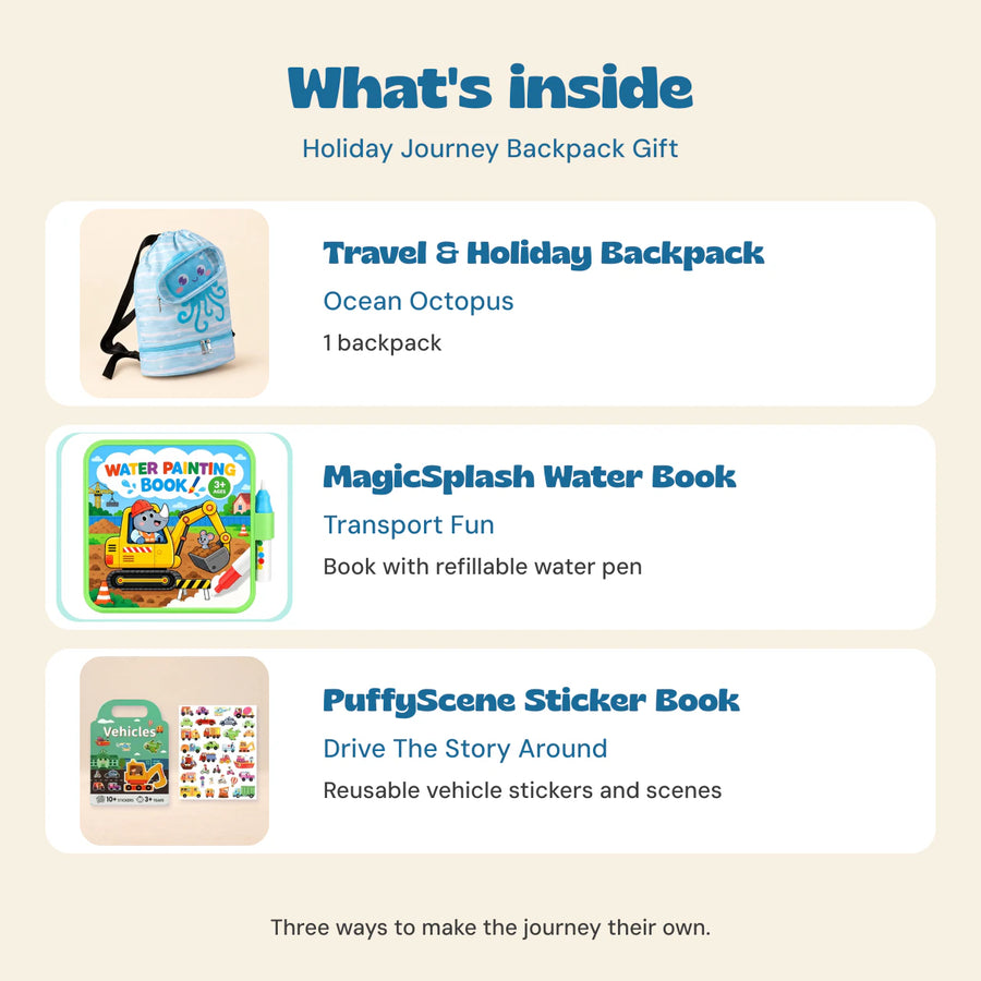 Holiday Journey Backpack Gift contents: Ocean Octopus backpack, Transport Fun water book with refillable pen, and Drive The Story Around sticker book.