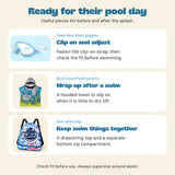 Three uses in Summer Swim & Snuggle Gift: clip-on goggles to adjust, hooded poncho to dry off and blue swim bag to keep things together.