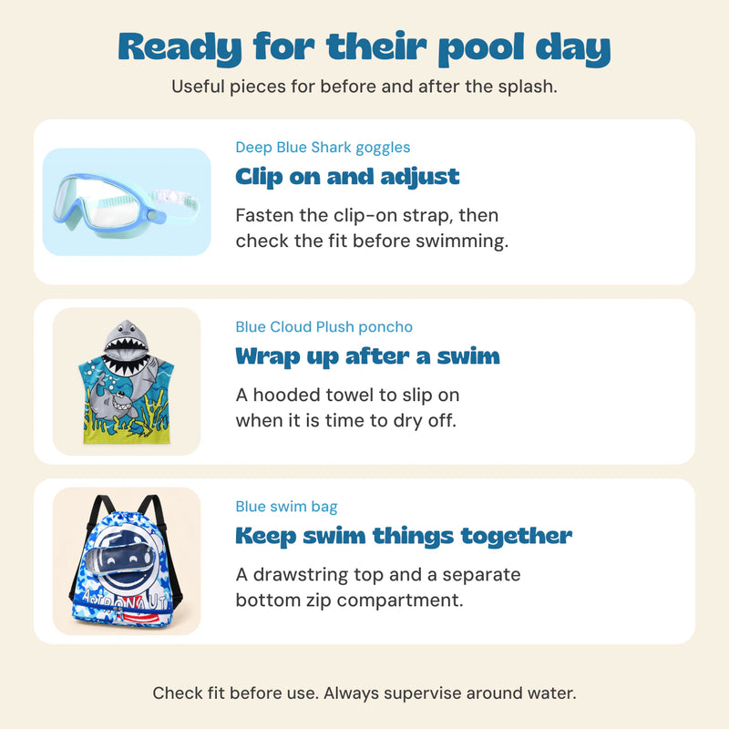 Three uses in Summer Swim & Snuggle Gift: clip-on goggles to adjust, hooded poncho to dry off and blue swim bag to keep things together.