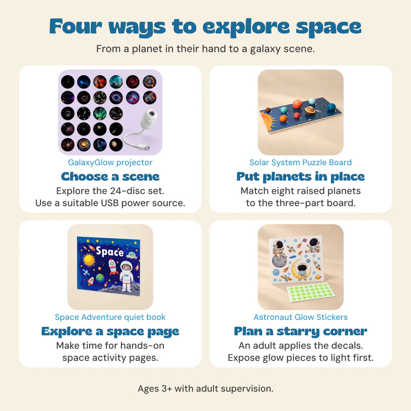 Big Space Adventure Gift: choose a scene from the 24-disc GalaxyGlow set, match raised planets, explore the space book and plan an astronaut decal corner.