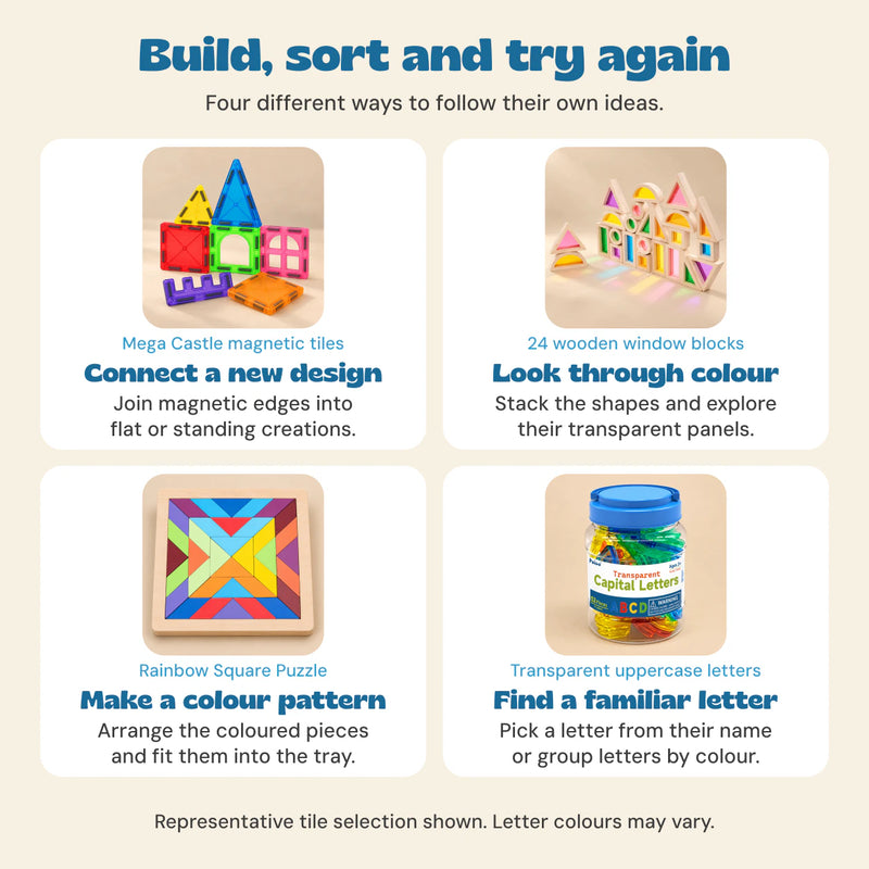 Big Rainbow Builder Gift: connect magnetic tiles, look through coloured window blocks, make puzzle patterns and find familiar uppercase letters.