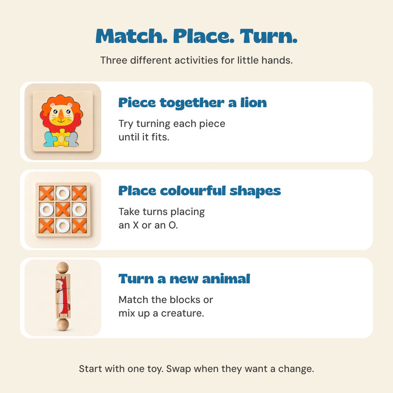 Three activities in the Mini Match and Play Gift Bundle: fit the Lion puzzle pieces, place orange X and white O shapes, and turn Safari animal blocks.