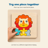 A hand placing the turquoise piece in the Lion wooden puzzle. Play idea: pick up, turn and fit one piece at a time.